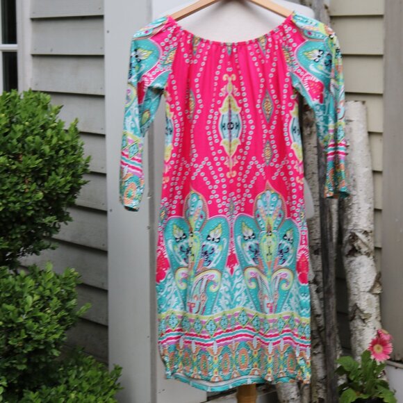 Mlitary Hippie Pink Aqua Multicolor Pattern Elastic Neck 3/4 Sleeve Knit Dress - Picture 3 of 5